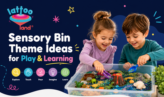 Kids playing with sensory bins using colorful sensory rice and tools – sensory bin theme ideas for play based learning by Lattooland