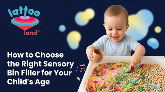 A happy baby playing with a sensory bin filled with colorful rice, pasta, and chickpeas using a wooden cup and scoop.