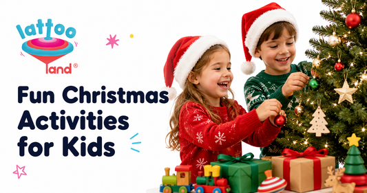 Kids decorating Christmas tree with sensory toys and festive activities by Lattooland – fun Christmas activities for kids.