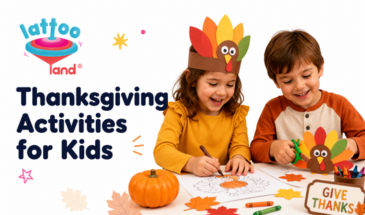 Kids doing Thanksgiving crafts and turkey activities with fall decorations – fun Thanksgiving activities for kids by Lattooland