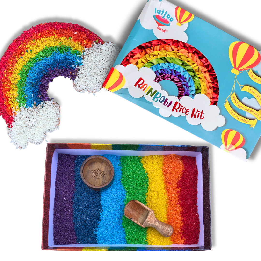 Complete Sensory Rainbow Rice Play Kit featuring vibrant rainbow-colored rice, 2 wooden tools, and packaging. Perfect for kids' sensory activities and fine motor skill development. Rainbow colored rice for conceptual learning with fun, wooden bowl, wooden scoop for children and artefact for kids activity