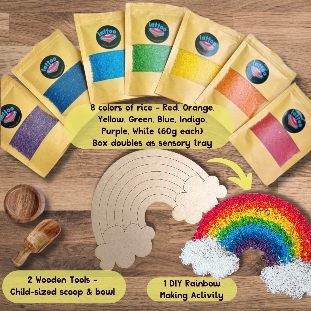 Close-up of rainbow-colored rice, ideal for sensory play kits, DIY rainbow rice crafts, and early childhood development toys.