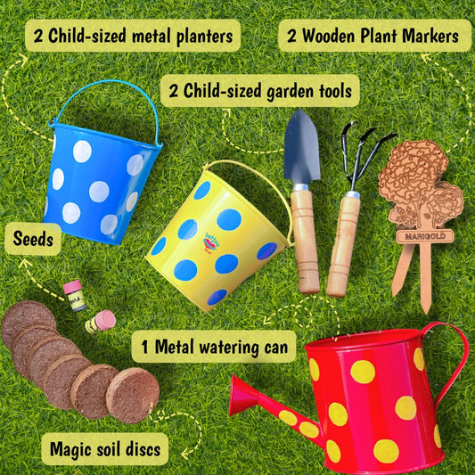 Children's gardening set with metal planters, tools, and markers on grass.