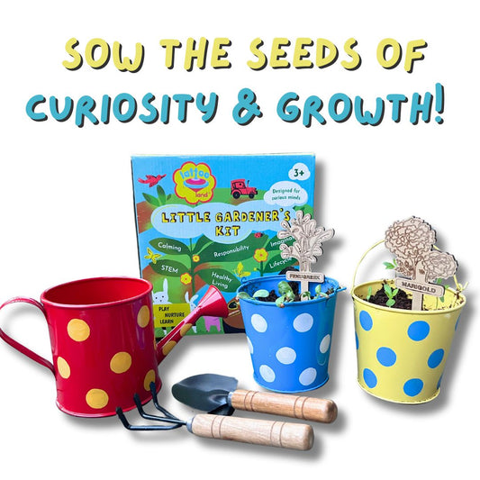 Children's gardening kit with pots, tools, and a book titled 'Little Gardener's Kit' on a white background.