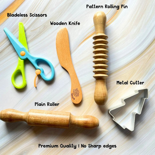 Child-safe playdough tools including wooden sculpting tools, dough cutters, and accessories for rolling, cutting, and shaping playdough. play dough accessories with clay rolling pin, child scissors, cutter, child knife