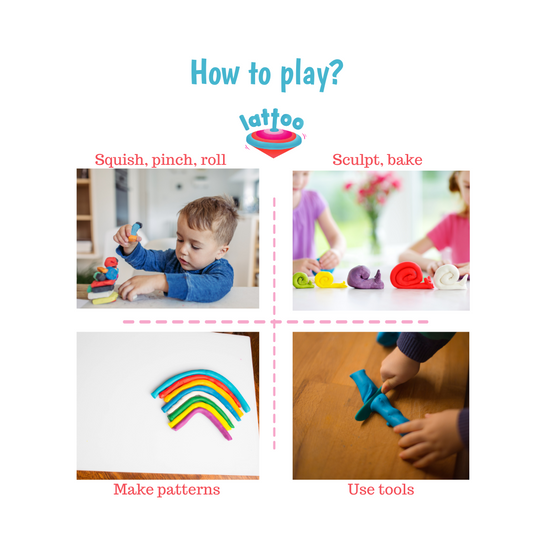 3 child-friendly tools included in the play dough kit for crafting, pretend play, and sensory fun. How to play with play dough? Squish, Scult, Bake, make patterns, roll, pinch the sensory Lattoo Dough