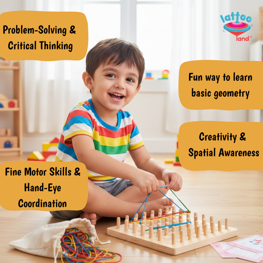 Child playing with a geoboard wooden toy, surrounded by educational text about the benefits of the activity.