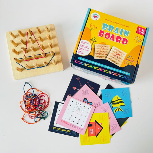 A creative Geoboard setup where kids explore shapes, patterns, and artistic play. Wooden Geoborad has triangle & quadrilateral representation, Lattoo's box, rubber bands with cloth bag & prompt cards