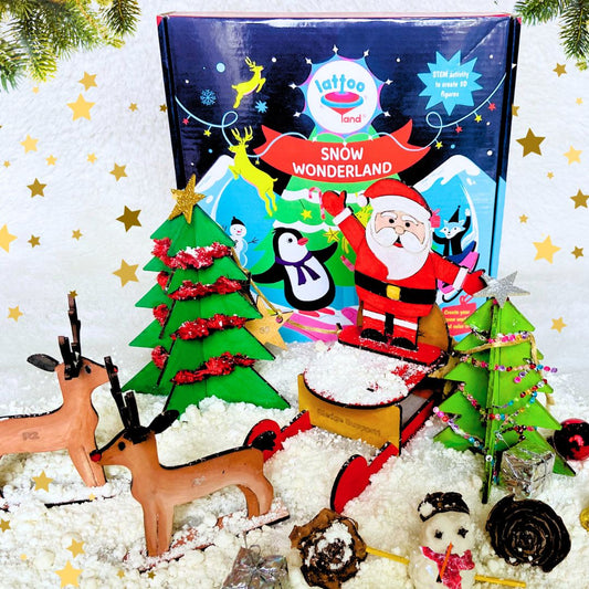 Christmas toy set featuring 3D wooden figurines including Santa, reindeer, and trees for kids' creative play.