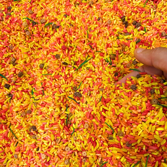Fall sensory bin filler with taste-safe colorful rice for kids sensory play.