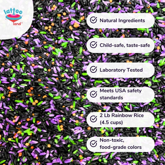 Close-up of Halloween sensory mix colored rice