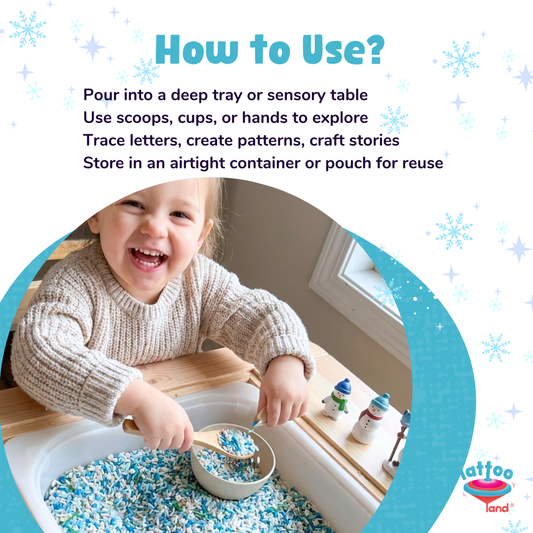 Children enjoying winter sensory rice play activity for fine motor development