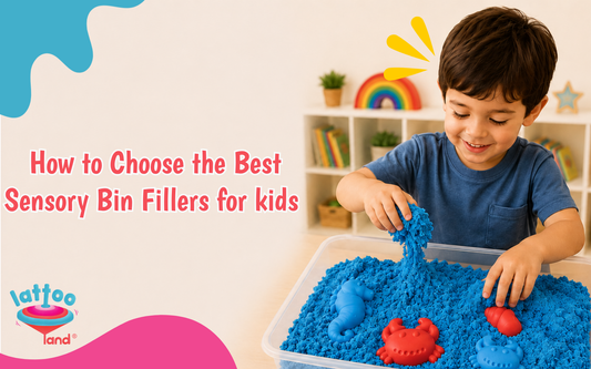 Child exploring a sensory bin filled with colorful rice, pasta, pom-poms, and kinetic sand, demonstrating how to choose the best sensory bin fillers for kids' sensory play, fine motor development, and hands-on learning