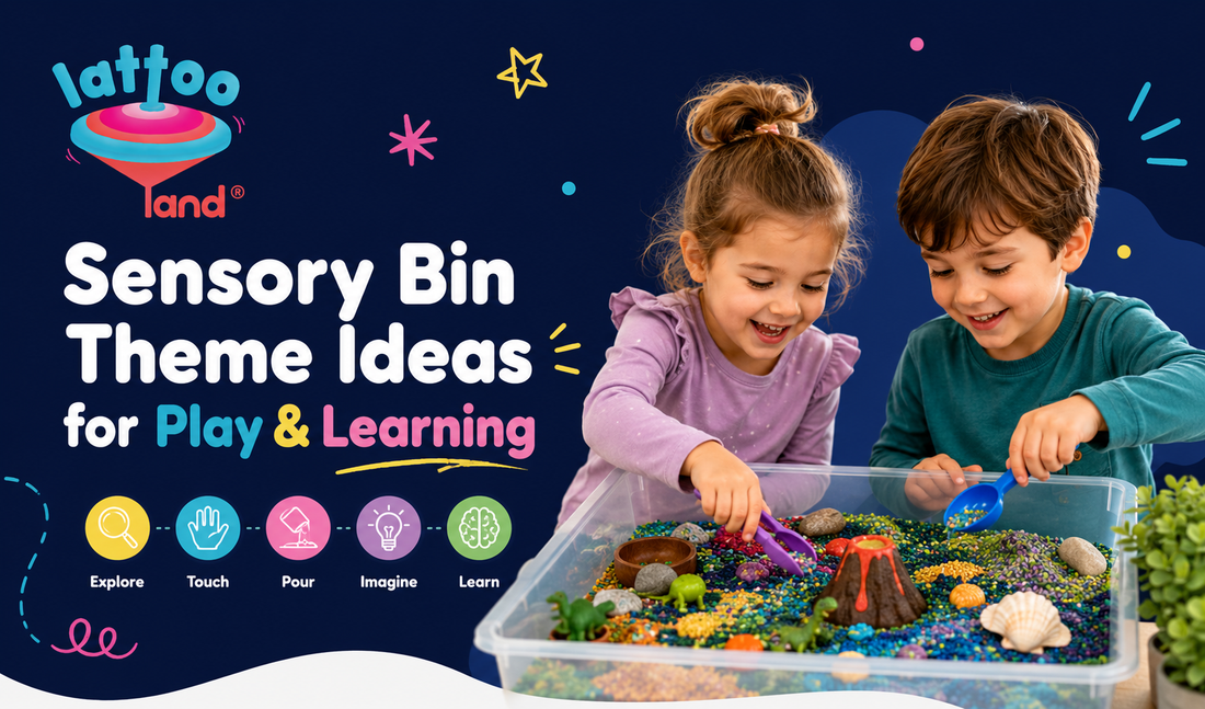 Kids playing with sensory bins using colorful sensory rice and tools – sensory bin theme ideas for play based learning by Lattooland
