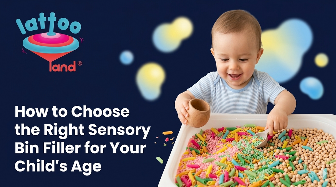 A happy baby playing with a sensory bin filled with colorful rice, pasta, and chickpeas using a wooden cup and scoop.