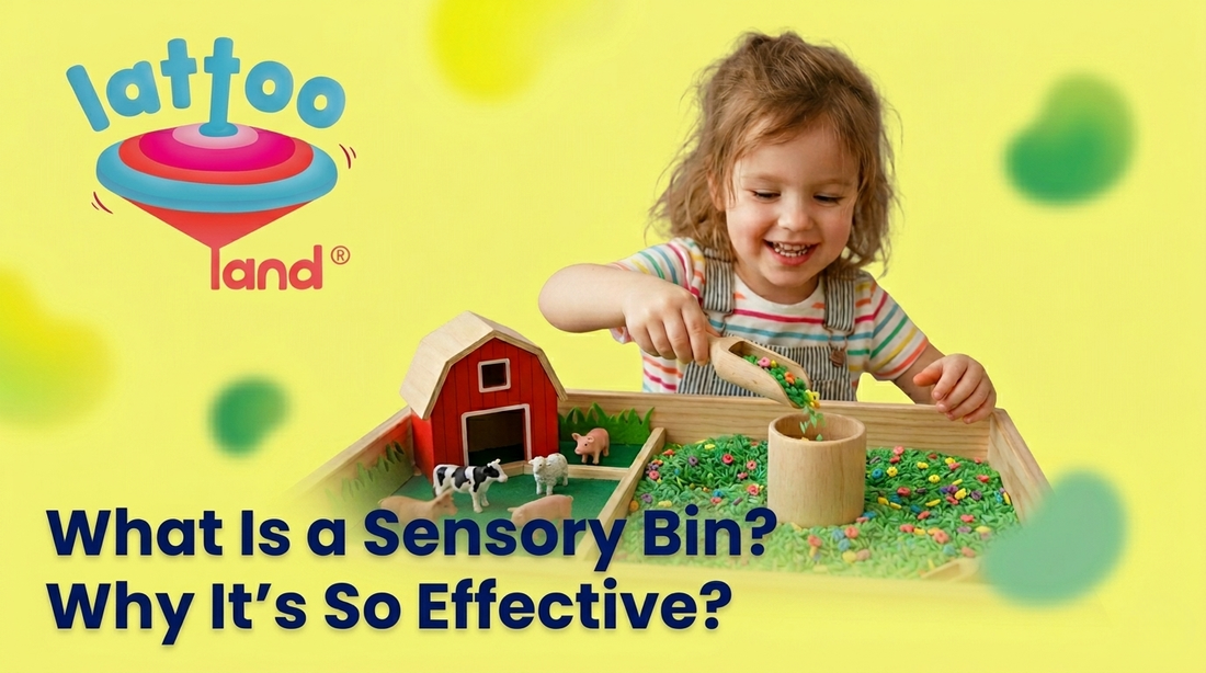 A child playing with a Lattooland farm sensory bin and spring rice filler, next to the blog title "What Is a Sensory Bin? Why It’s So Effective?" on a bright yellow background