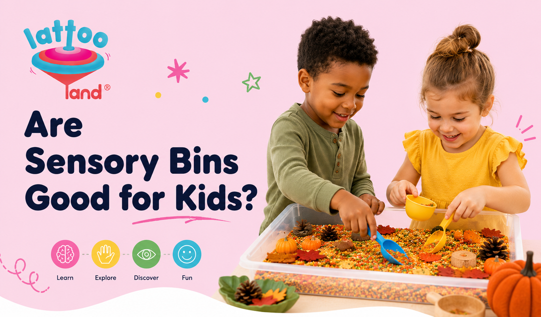Diverse kids playing with a sensory bin using scoops and colorful sensory fillers – are sensory bins good for kids learning and development by Lattooland.