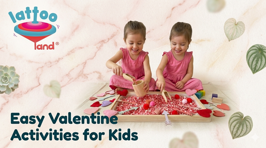 Two kids playing with a Valentine rice sensory bin activity.