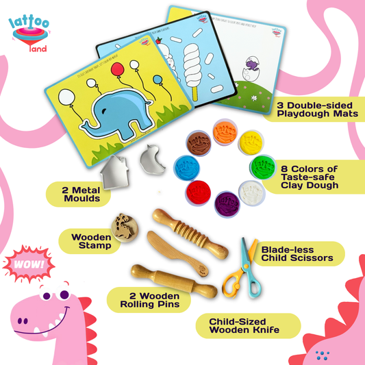 Children's playset with playdough, mats, and tools on a colorful background. A colorful set of safe, taste-free play dough ideal for kids aged 2 to 10 years, perfect for birthday gifts. Taste-safe play dough set for kids 2 to 10 years, birthday gift