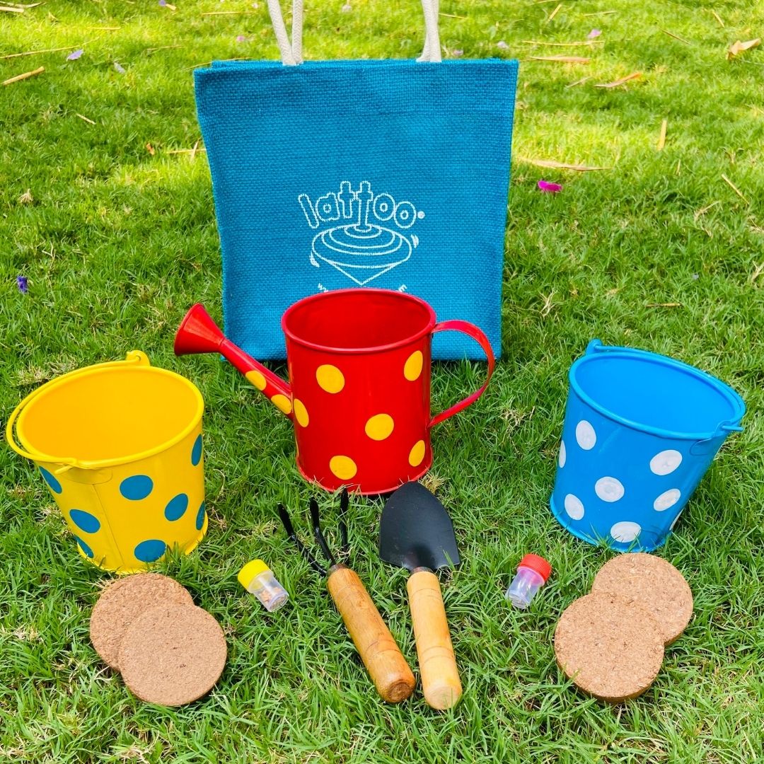 Kids gardening set -2 metal pot, a metal watering can, soil discs, seeds, plant markers & jute bag