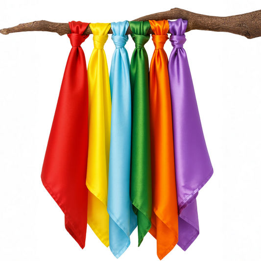 six colorful satin scarves tied around a branch on a white background