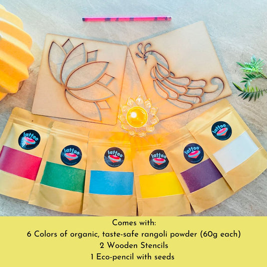 Set of 6 Organic Rangoli Powder with 2 Wooden Stencils | DIY activity