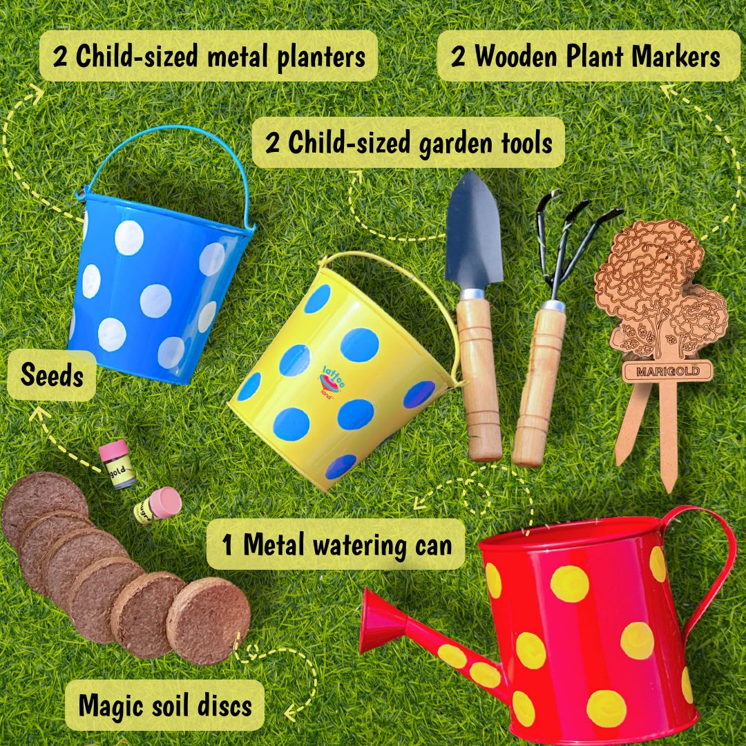 Children's gardening set with metal planters, tools, and markers on grass.