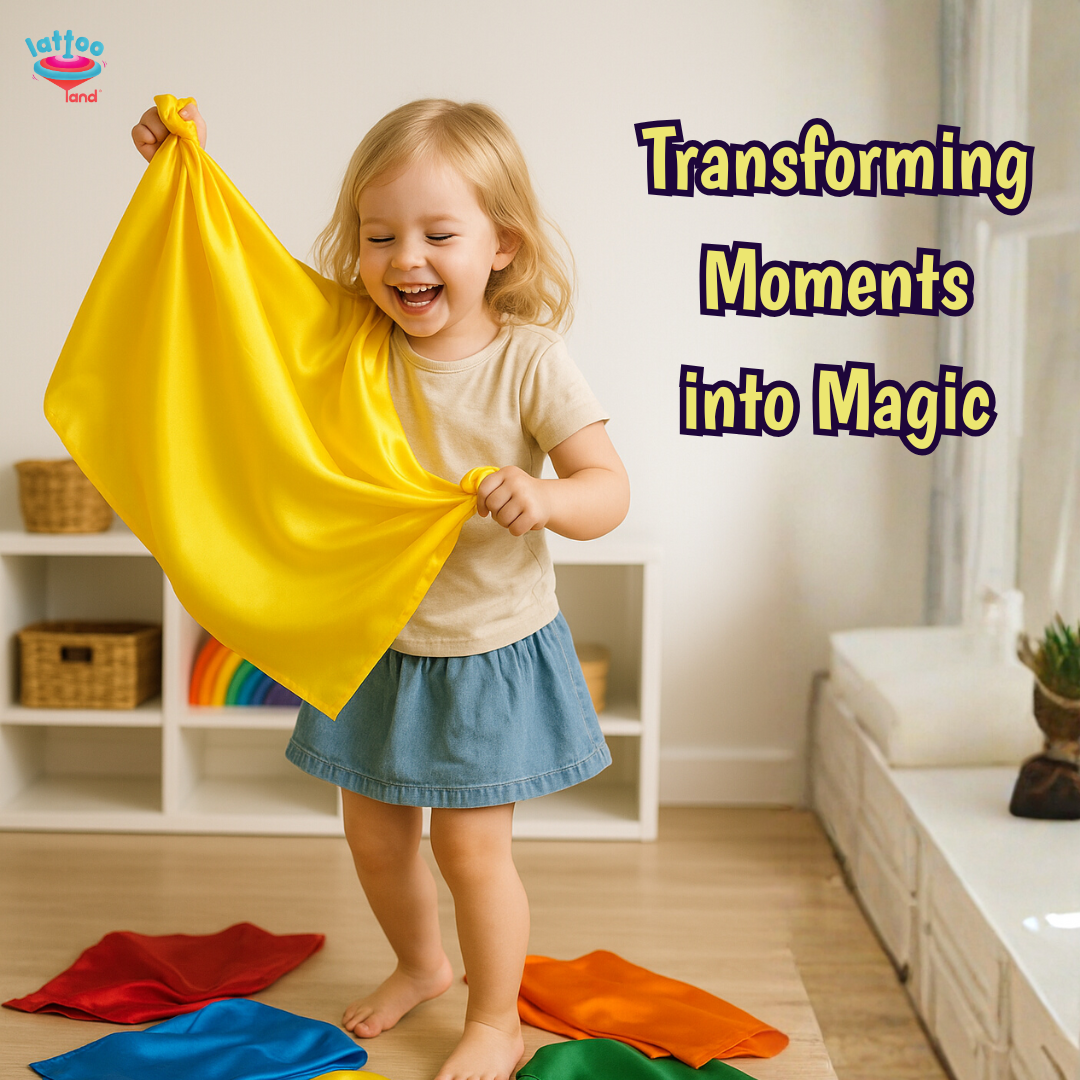 Child playing with colorful play silk scarves in a room with text 'Transforming Moments into Magic'.