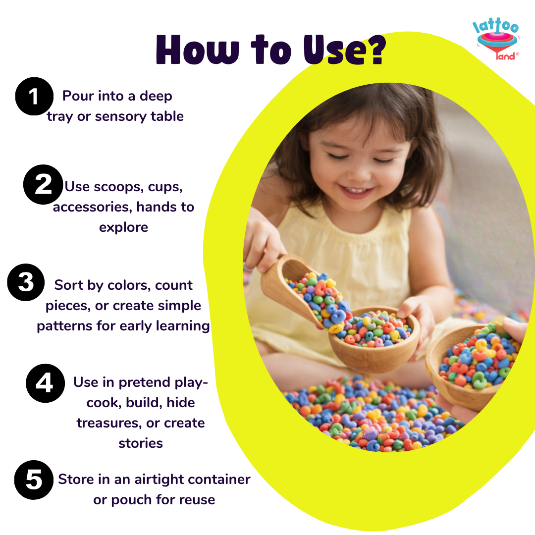 Instructional graphic titled 'How to Use?' showing five numbered steps for using colorful pasta in a tray or sensory table, alongside a photo of a young child holding wooden spoons with the pieces. 