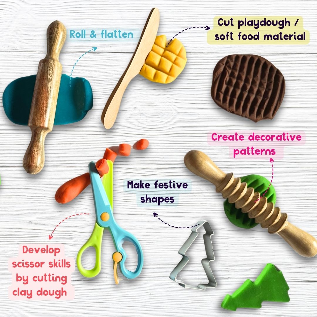Complete wooden dough play set for children with 5 tools: rolling pins, scissors, knife, and a dough mold, perfect for toddlers and older kids.
