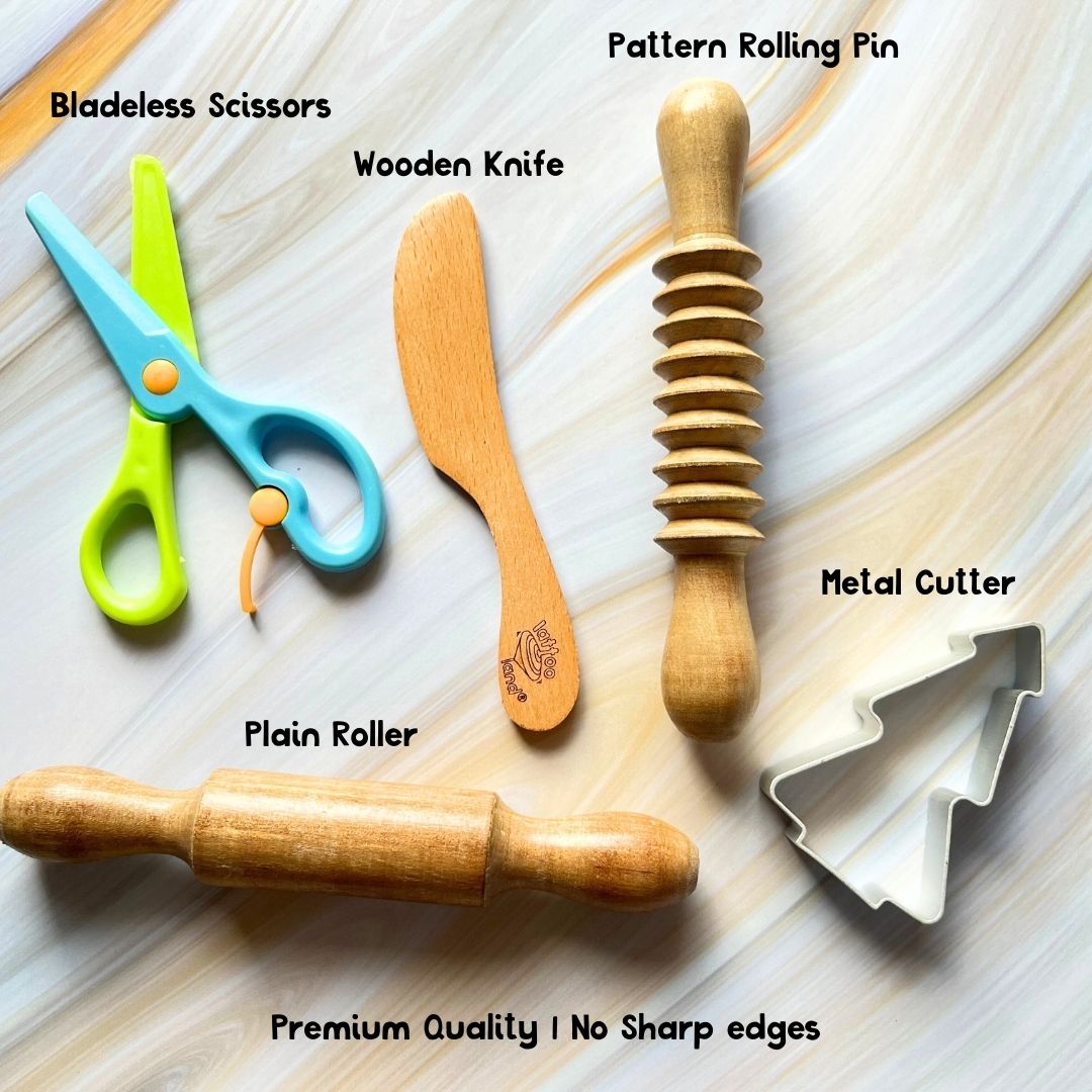 Child-safe playdough tools including wooden sculpting tools, dough cutters, and accessories for rolling, cutting, and shaping playdough. play dough accessories with clay rolling pin, child scissors, cutter, child knife