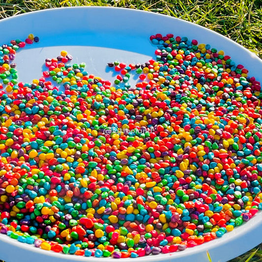 corn sensory play , colored corn for sensory bin