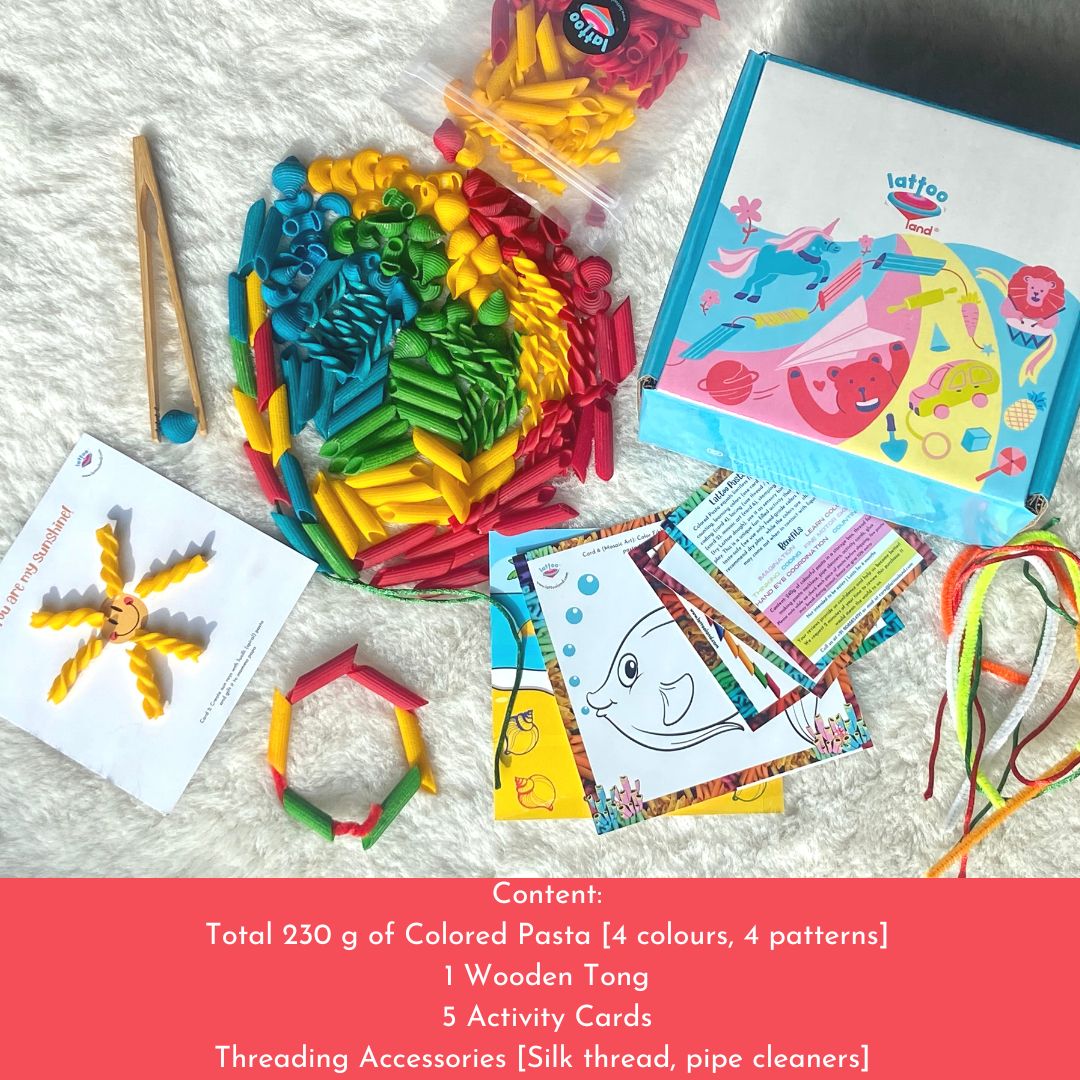A child engaging with the DIY pasta crafts from the kitchen play toys for kids set, enhancing creativity, color recognition, and early childhood development. 230g of coloured Pasta, 1 wooden tong, 5 activity cards for kids, threading accessories