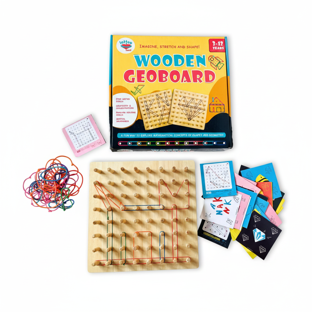 Wooden geoboard with packaging, rubber bands, and cards on a white background