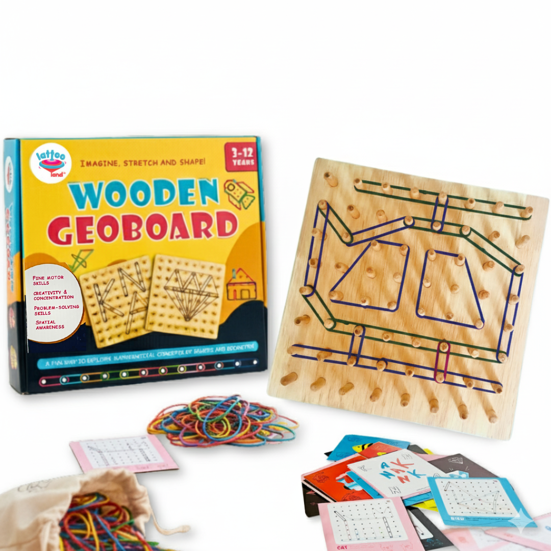 Wooden geoboard with packaging and accessories on a white background
