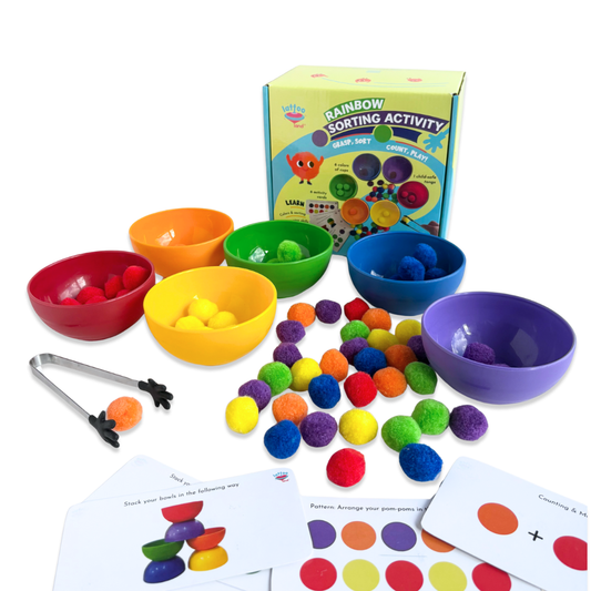 Rainbow Sorting Activity Set for Kids | Montessori Sorting Toys with Tongs, Bowls & Pompoms | Color Recognition Toy