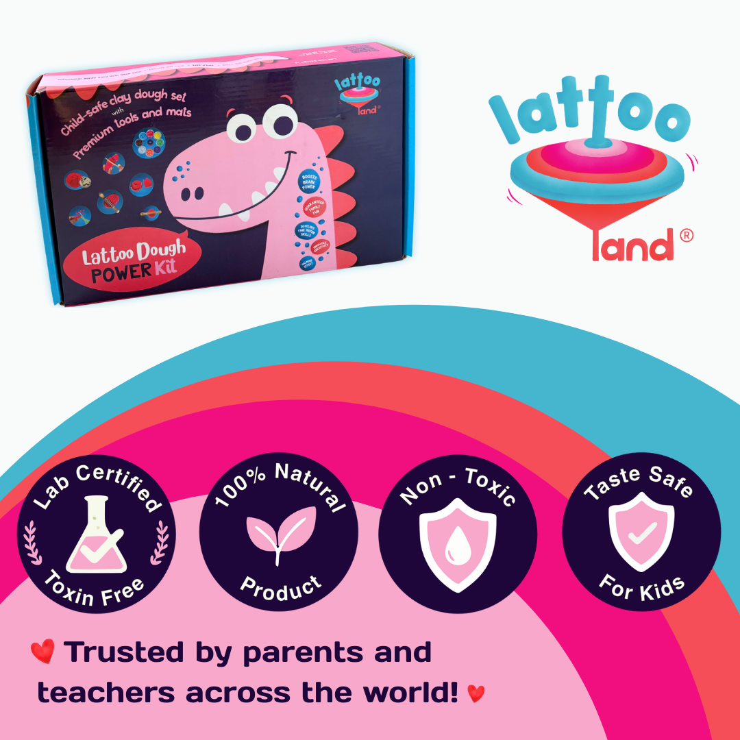 The eco-friendly and lab-certified packaging of the Power Dough Kit, ready for fun and creative play. Lattoo dough power clay and dough kit packaging box