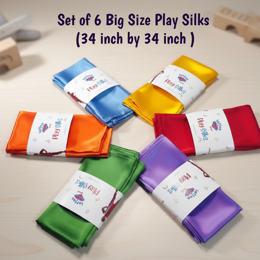 Set of 6 Big Size Play Silks in various colors on a light wooden surface.