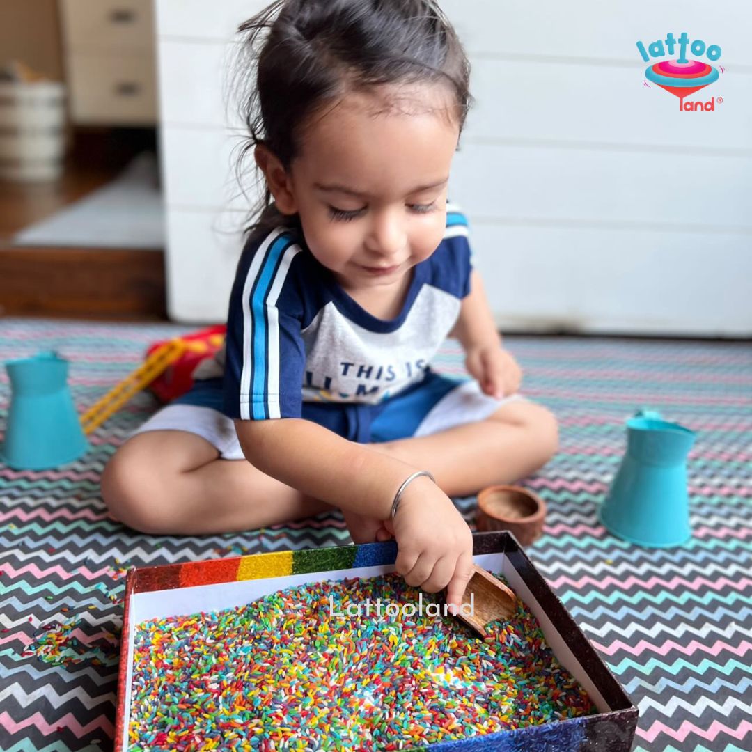 Complete Sensory Rainbow Rice Play Kit featuring vibrant rainbow-colored rice