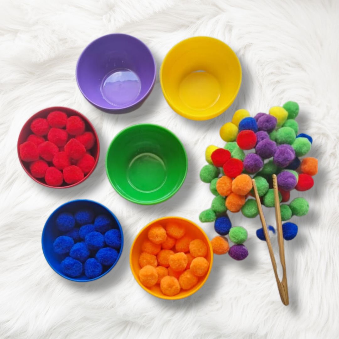 A colorful set of rainbow sorting bowls, perfect for teaching color sorting, sorting skills, and toddler color sorting activities.