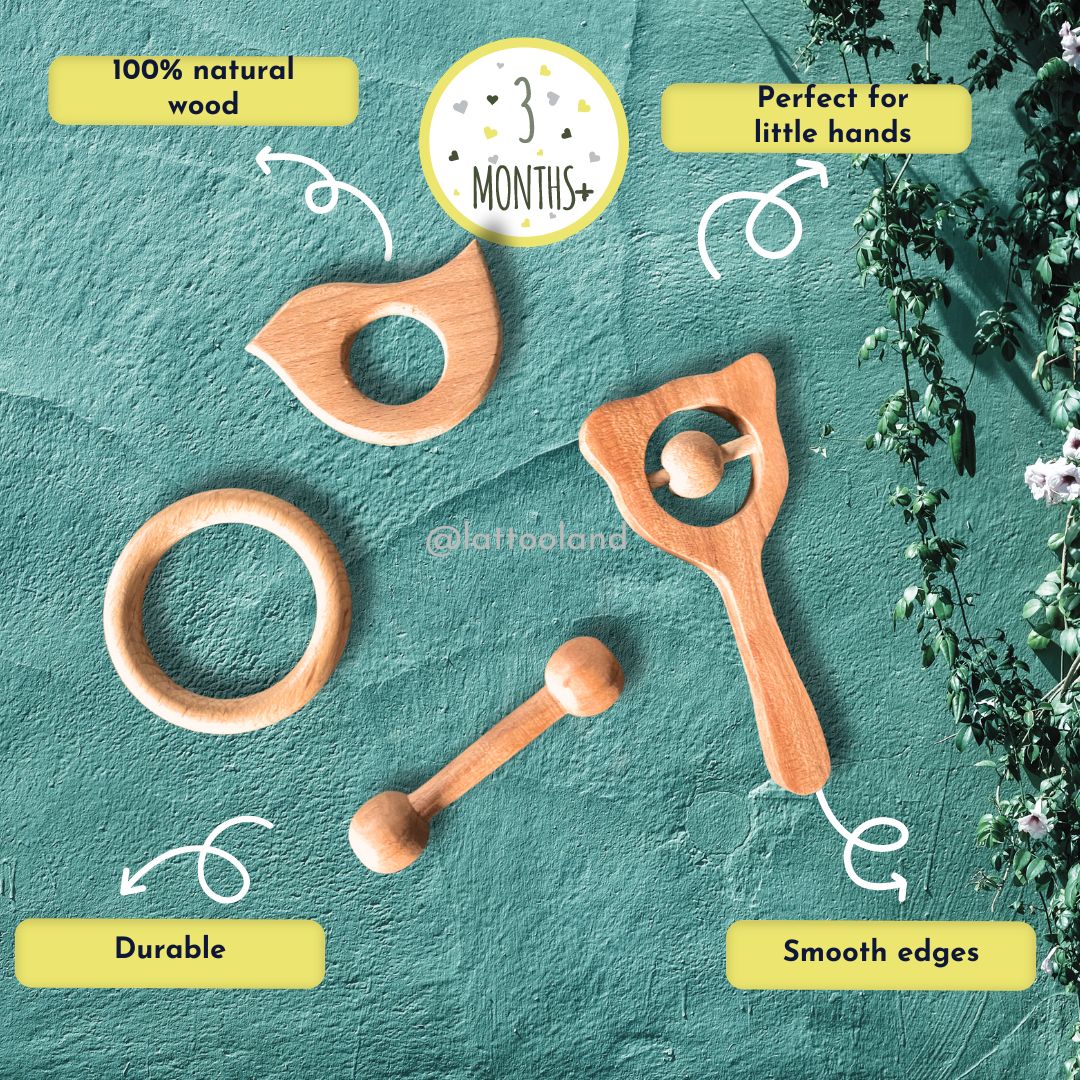 Stylish wooden teether for babies, combining modern aesthetics with safe and durable materials