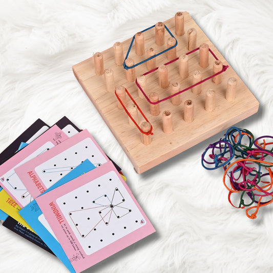 Lattooland Wooden Geoboard with Bands and Prompt Cards | Educational Toy | Brain Board