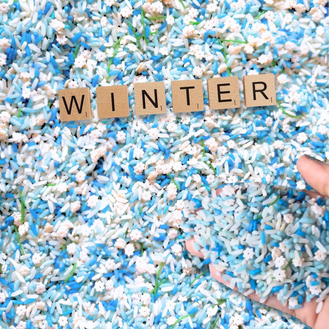 Winter sensory rice sensory bin activity for toddlers and preschoolers