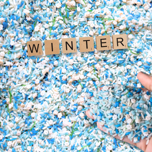 Winter sensory rice sensory bin activity for toddlers and preschoolers