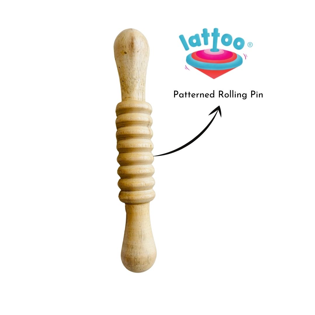 Close-up of lightweight, child-safe wooden rolling pins for kids. Designed for playdough, crafting, and early learning activities, made from non-toxic, durable natural wood.Patterned Rolling Pin