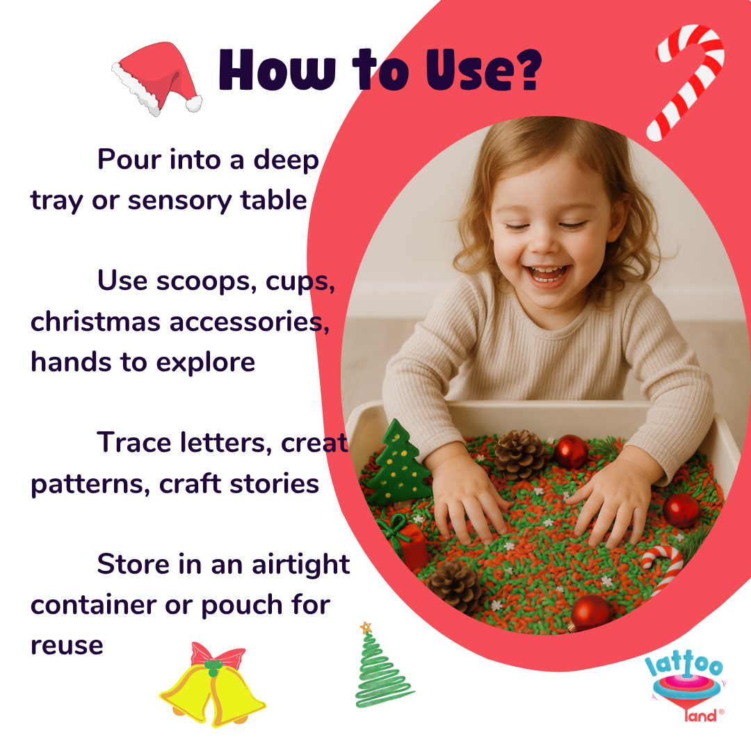 Christmas themed sensory bin idea using colored rice