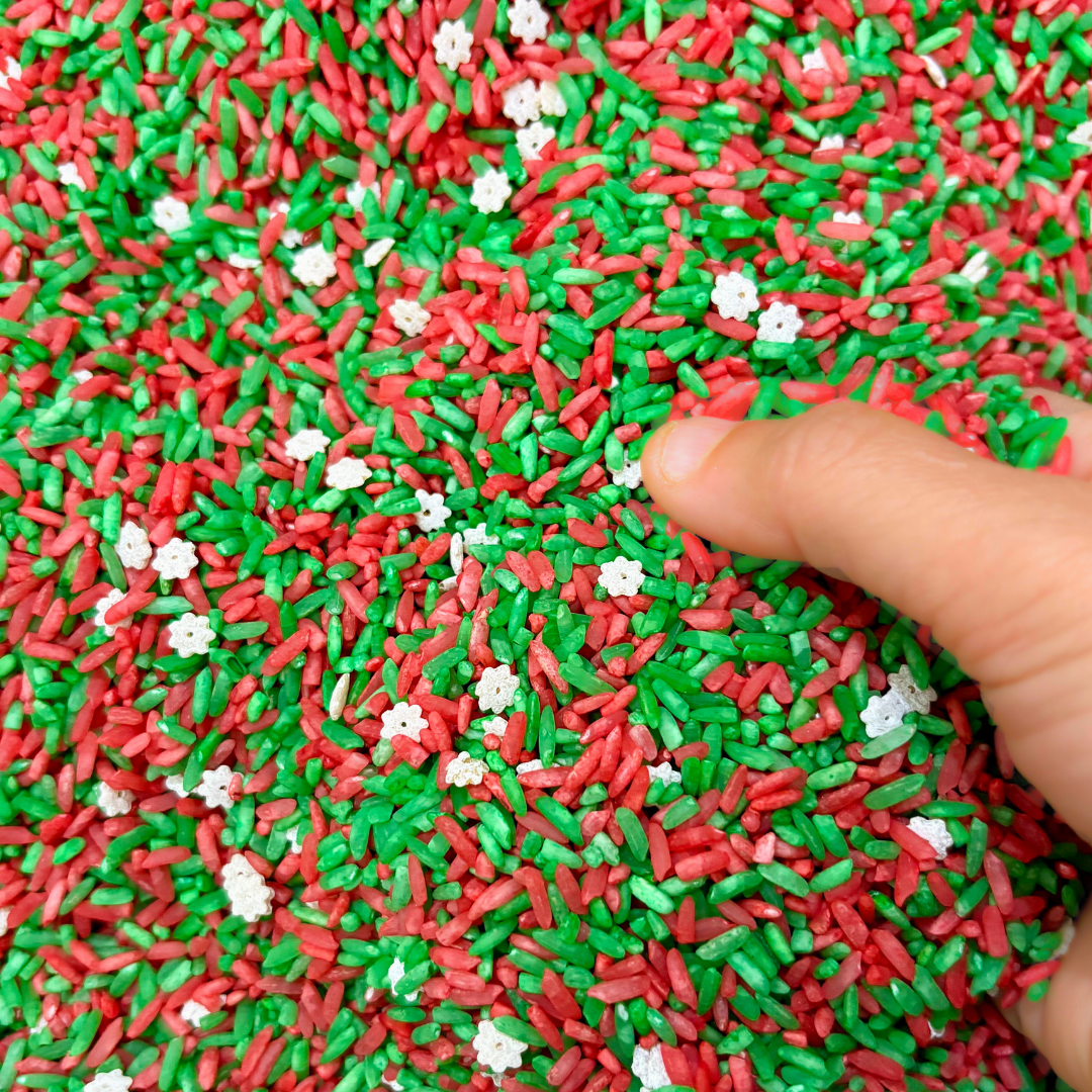 Christmas sensory play rice for kids encouraging fine motor skill development