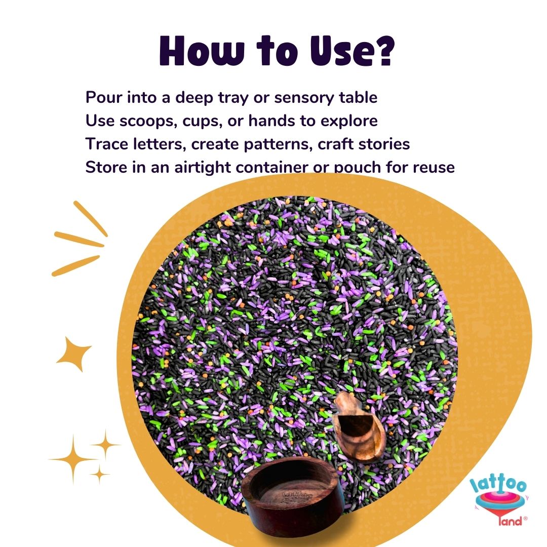 Halloween sensory bin with themed toys and colored rice filler