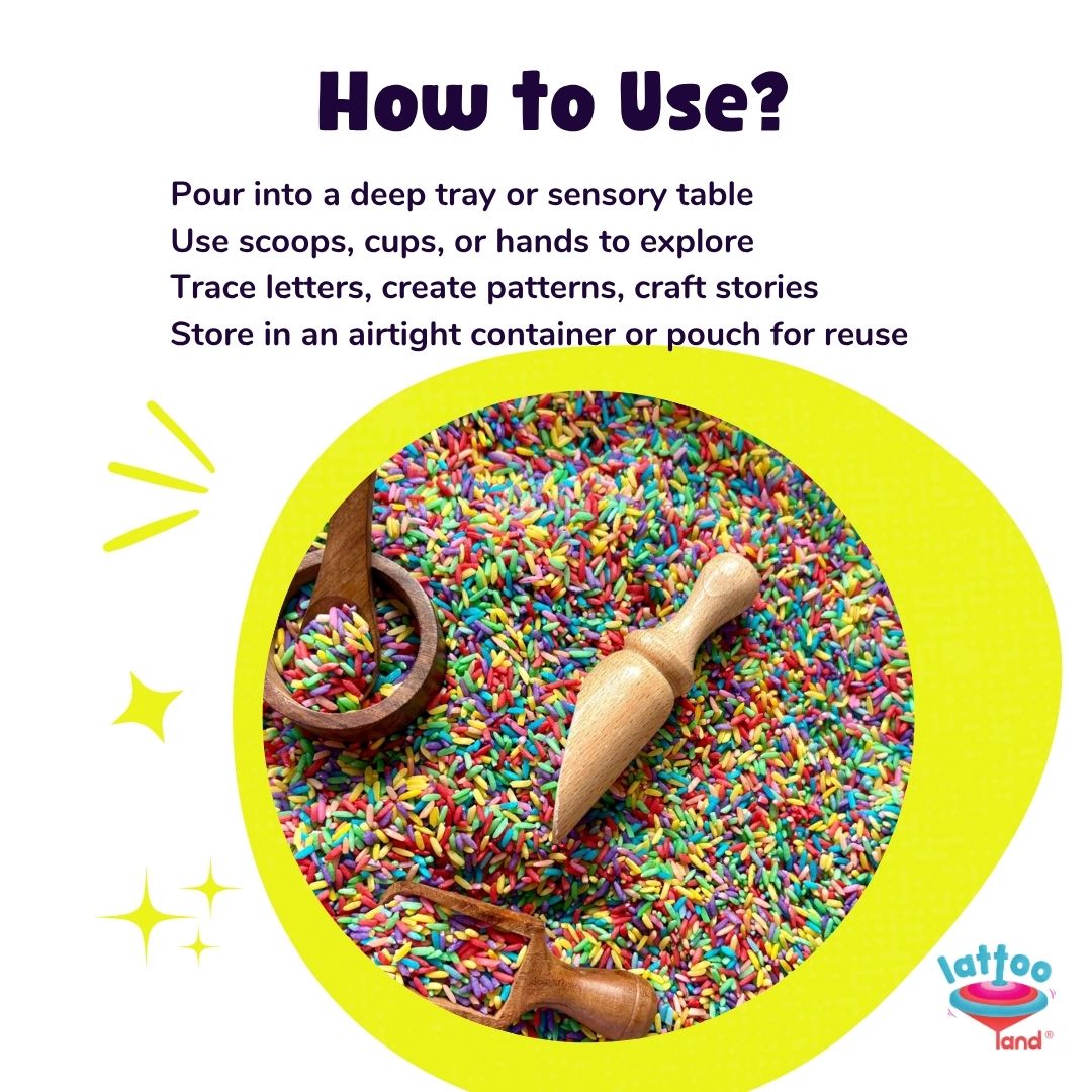 Colored rice sensory material safe for toddlers used in bins, trays, and classroom activities.