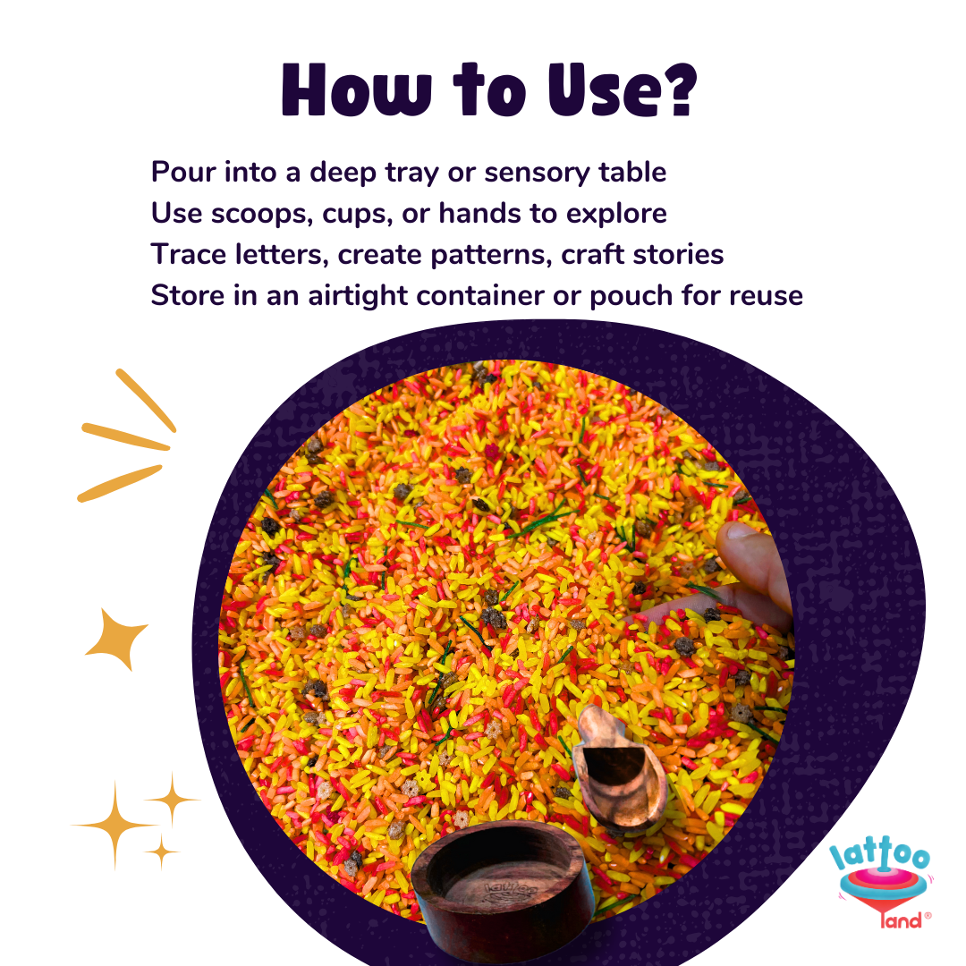 Fall themed sensory bin filler materials with orange, yellow, and brown rice.